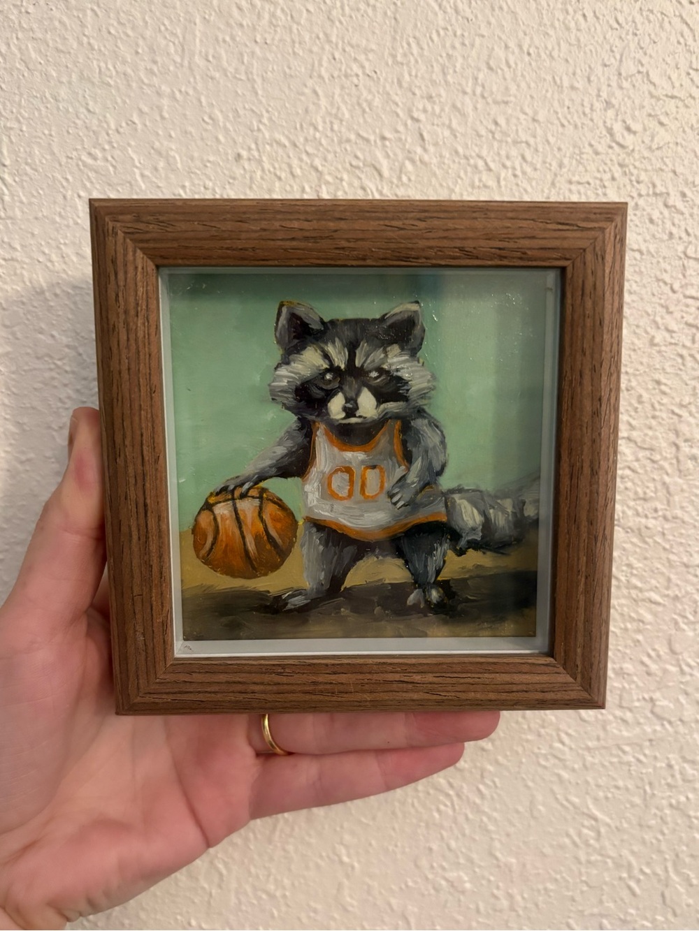 "Ballin Racoon" Original oil painting on wood board mini framed 4x4"